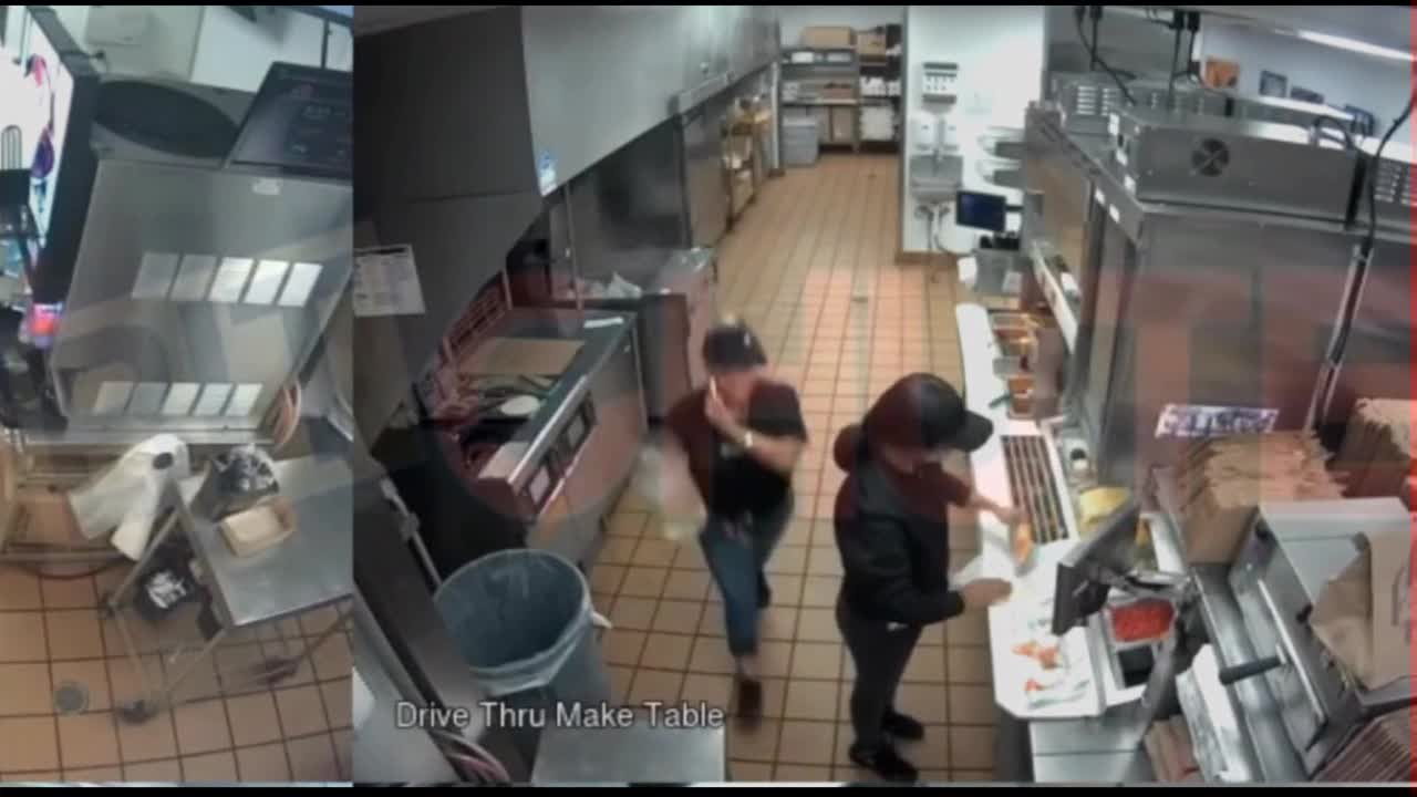 Taco Bell employee throws hot water on two violent customers.