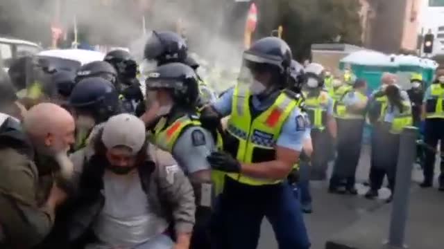 Police Push, Spray, and Tear Gas Protesters in Wellington, New Zealand