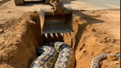 Excavator dug up python next next to the road