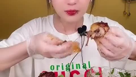 Chinese Girl eating giant sea foods so yummy