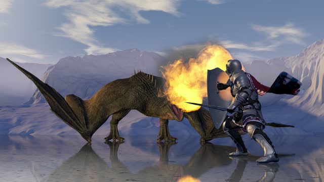 Medieval Knight Fights a Firebreathing Dragon in the Background