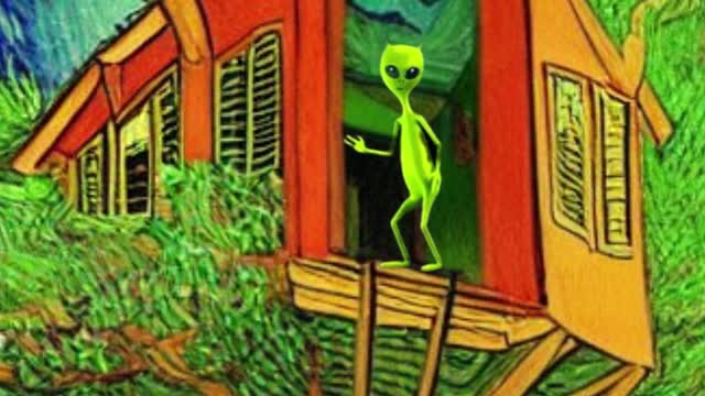 Real alien dancing in an abstract tree house world. AI generated video.