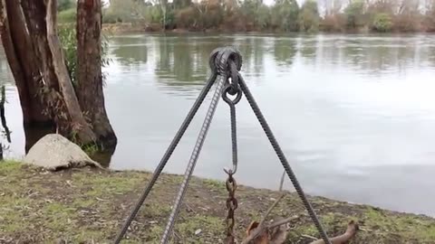 FIRE I make a Campfire Tripod. Heating Steel Rebar w a Handheld Gas Burner Torch