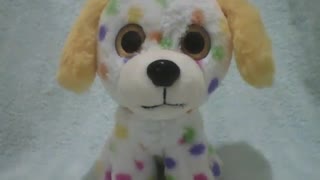 Cute white stuffed dog with colorful spots and yellow ears, very fluffy! [Nature & Animals]