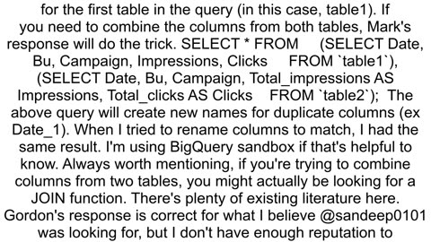 bigquery merging same columns from different tables