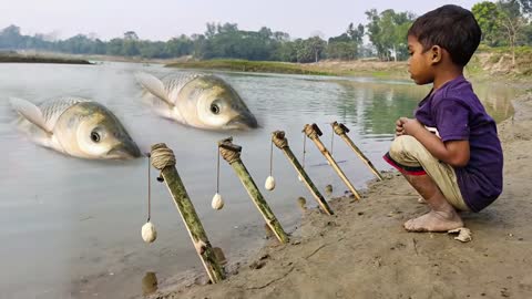 New Best Hook Fishing Video | Traditional Little Boy Hunting Big Fish With Hook By River #fishing