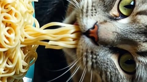 Pookie pookie cute pet cat eating noodles