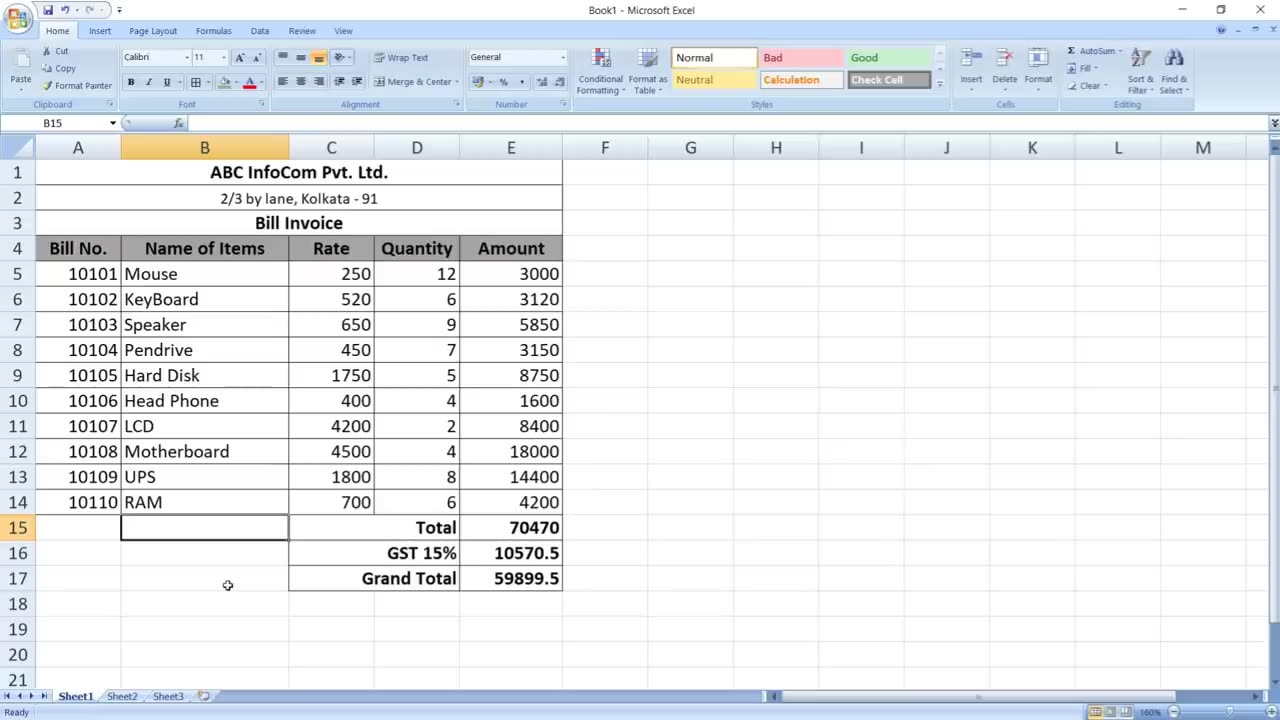 how to entry bill in ms excel office