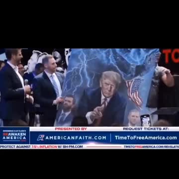 Eric Trump Accepts a Q painting of his Father, Eric and Donald Trump Jr.