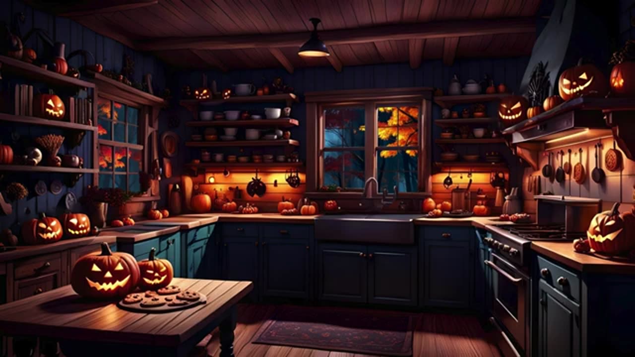 Cozy Halloween Kitchen with Rain & Thunder Sounds