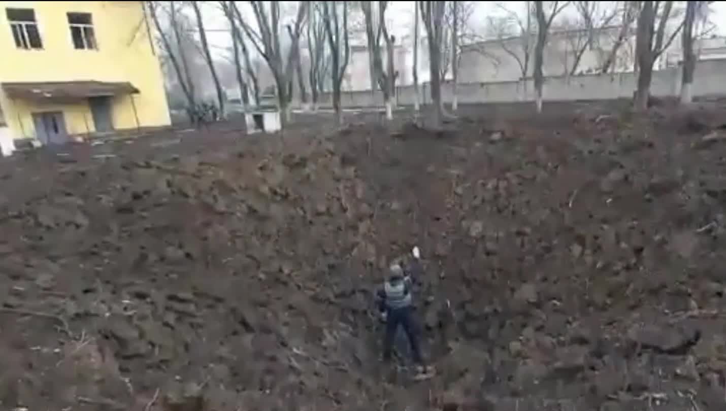 The size of crater from the bomb that fell near a hospital in Ukraine's Mariupol