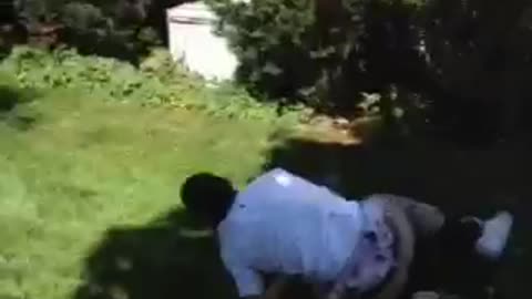 White shirt front flips off house faceplants into bushes