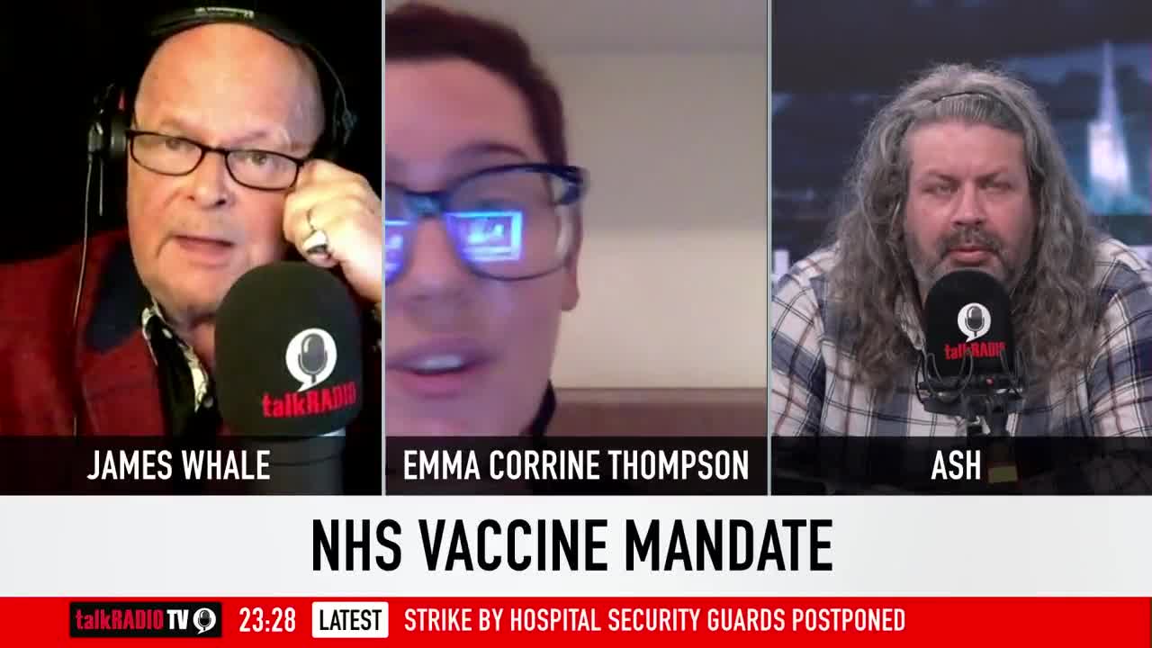 James Whale hangs up on NHS worker Emma Corrine Thomson, who is campaigning against the v@x mandate.