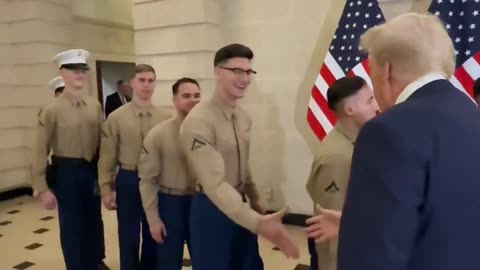 President Trump greets U.S. Marines who are currently stationed in France.