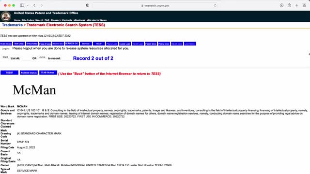 USPTO Trademark Search Results Screen Recording 11:18AM August 22, 2022