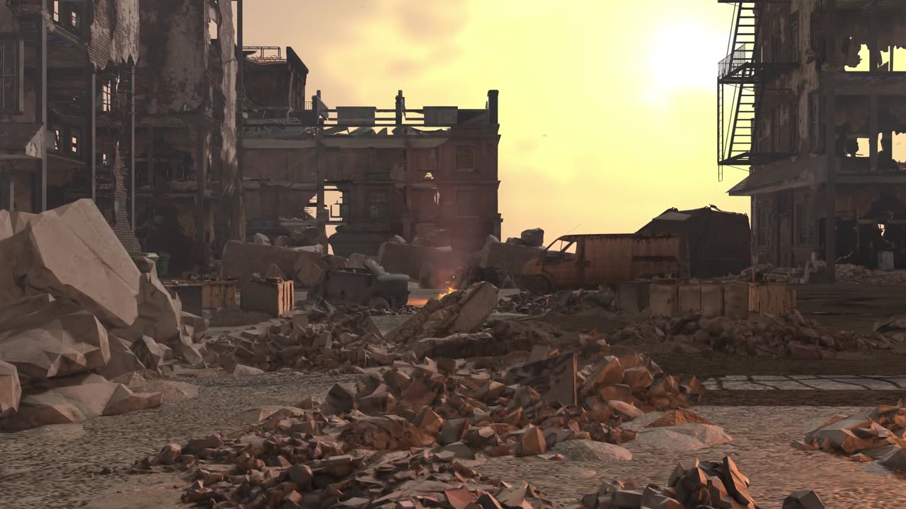 Post apocalyptic dystopian destroyed city with smoke [Free Stock Video Footage Clips]