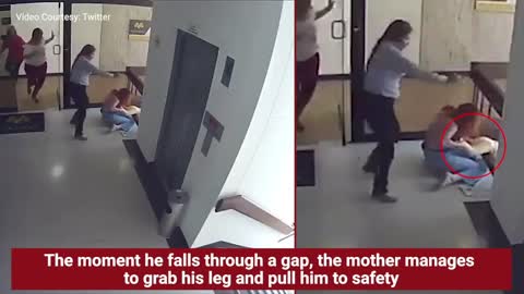 A mother saves her baby from falling off the building stairwell