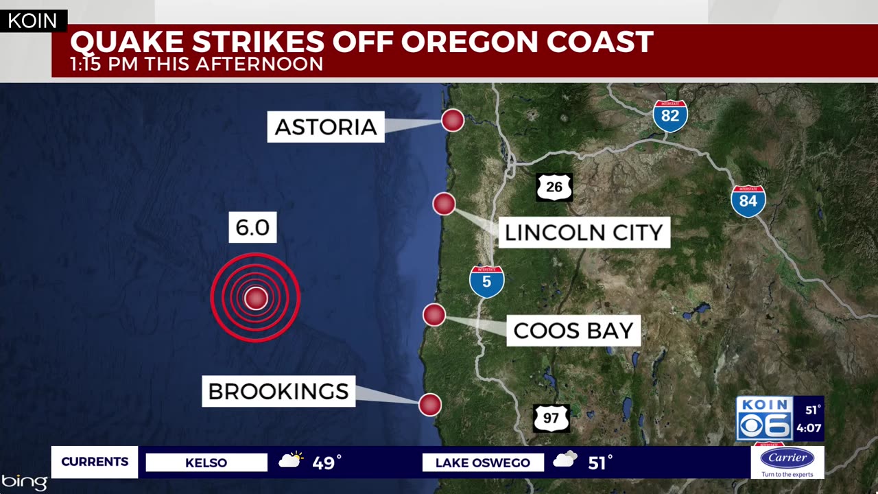 6.0 magnitude earthquake strikes off Oregon Coast near Bandon