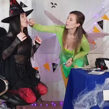 Dramatic Feeding Each other Candy Witch and Fairy Halloween Boss & Secretary.