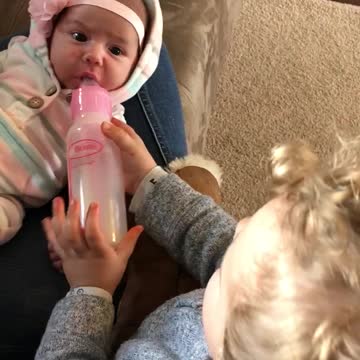 Adorable Big brother Feeds Baby Sister Bottle