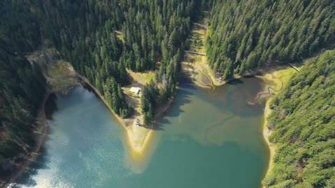 aerial shot view from above view of mountain lake near the forest