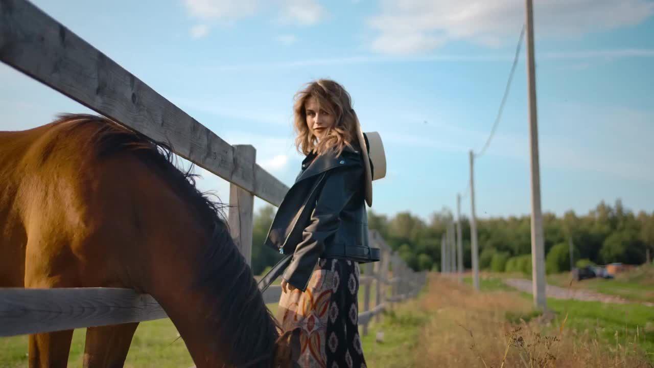 Grazing horse and dancing woman in countryside