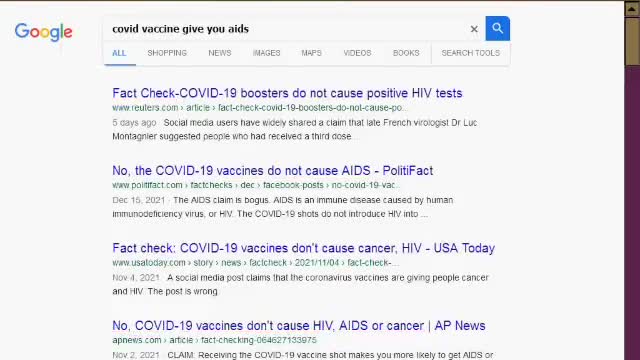 SEARCH ENGINE COMPARISON COVID VACCINE GIVES YOU AIDS , WHO DO YOU THINK IS BEING TRUE