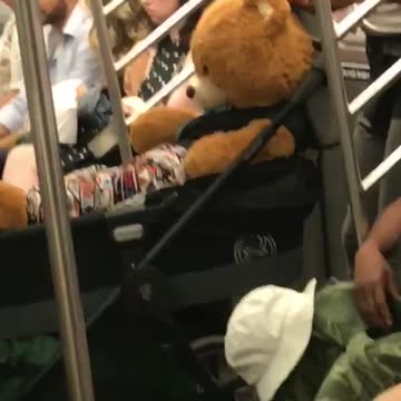 Giant teddy bear inside of a stroller