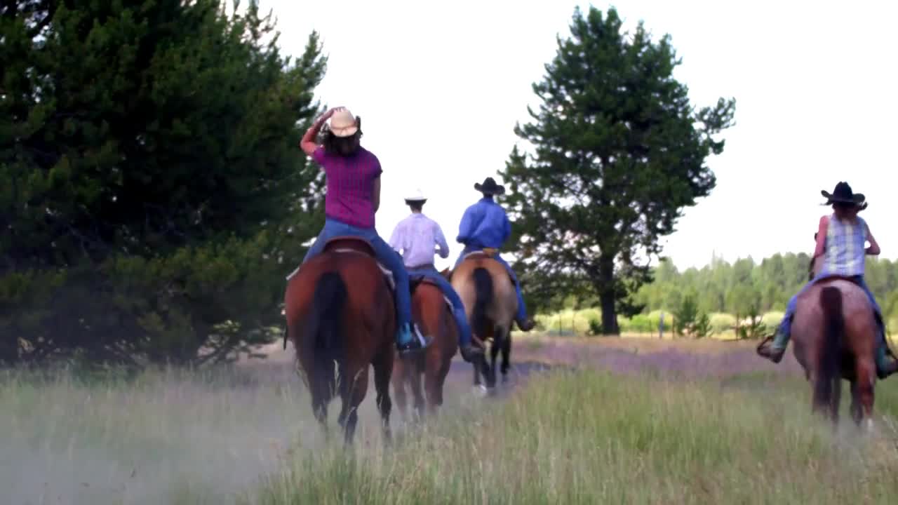 People ride horses in cowboy hats through green field