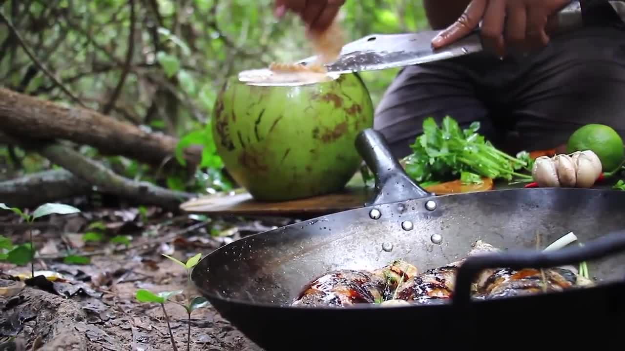 Cooking Coconut Chicken Leg Recipe eating so Yummy - Use Coconut water Cook Chicken Meat in Fry P-18