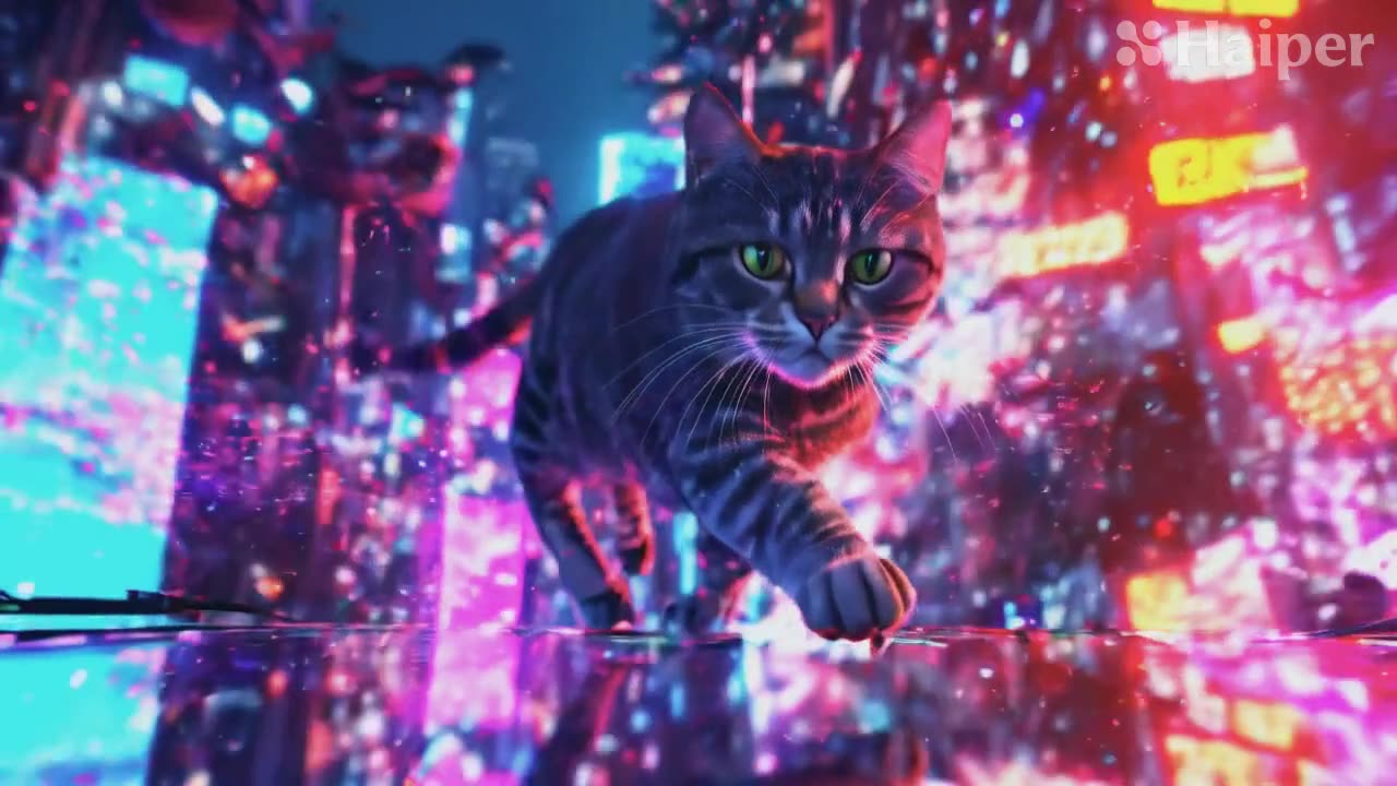 Cat Running in Cyberpunk city