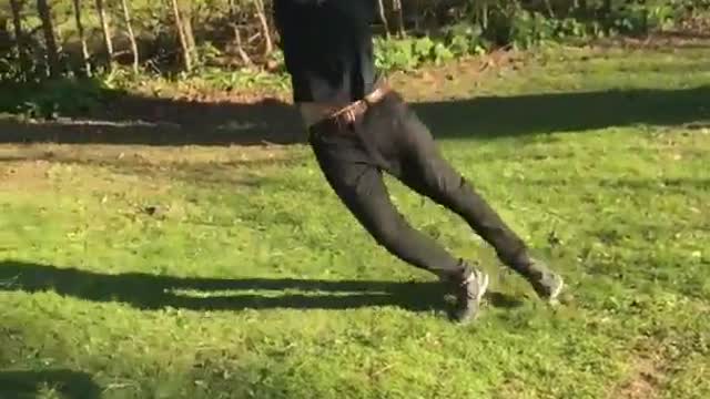 Black shirt sunglasses guy hangs on tree branch breaks it into his head