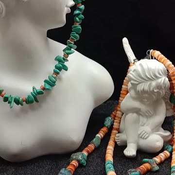 Free-shape Natural turquoise with orange spiny oyster handmade necklace Vintage Style02