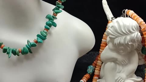 Free-shape Natural turquoise with orange spiny oyster handmade necklace Vintage Style02