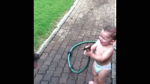 Baby teasing and laughing madly at pets.