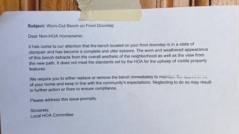 HOA demands removal of bench on my doorstep!