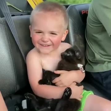 The cutest thing you will see today,funny little kid hold a cute black cat