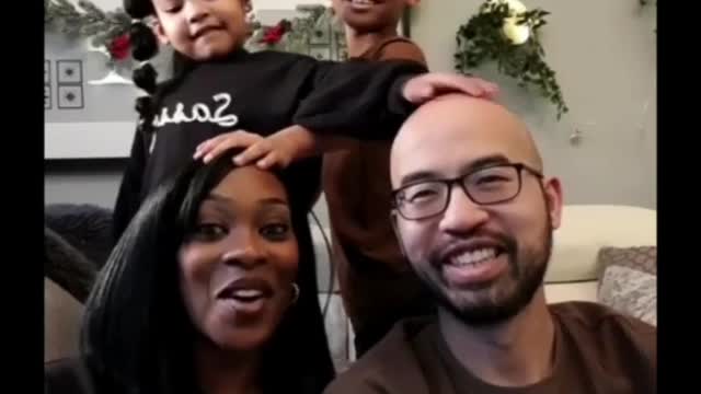 Oriental Man Black Woman with Two Mixed Daughters Play Game