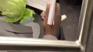 Man eats a whole head of cabbage and reads a book about female body parts on subway train