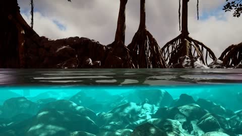 Above and below the sea surface near mangrove trees