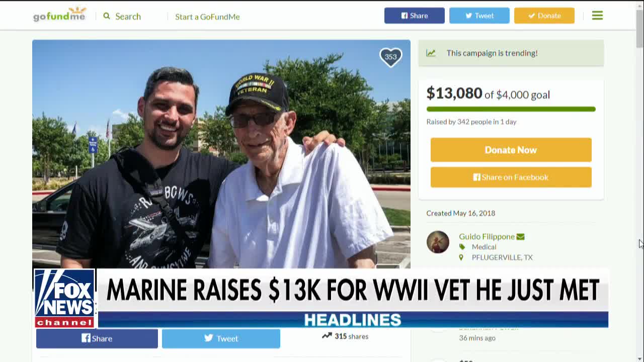 Marine raises $13K for WWII vet he just met.