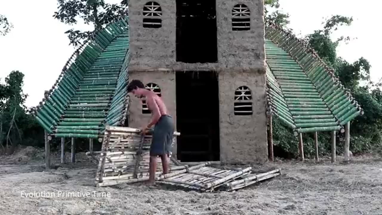 Build Three Story Mud House With Bamboo Water Slide Around House And Build Big Swimming Pool (full)