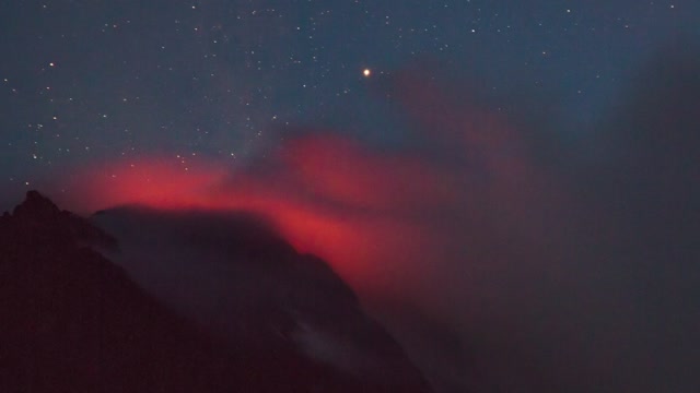 Active volcano smoking during the starry night