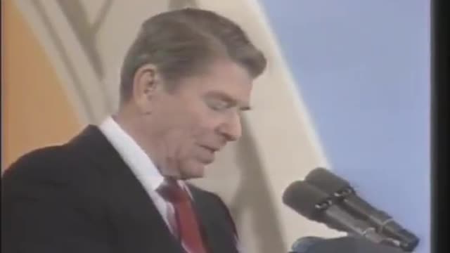 During this speech in Berlin, a balloon popped loudly. Reagan's reaction is remarkable.