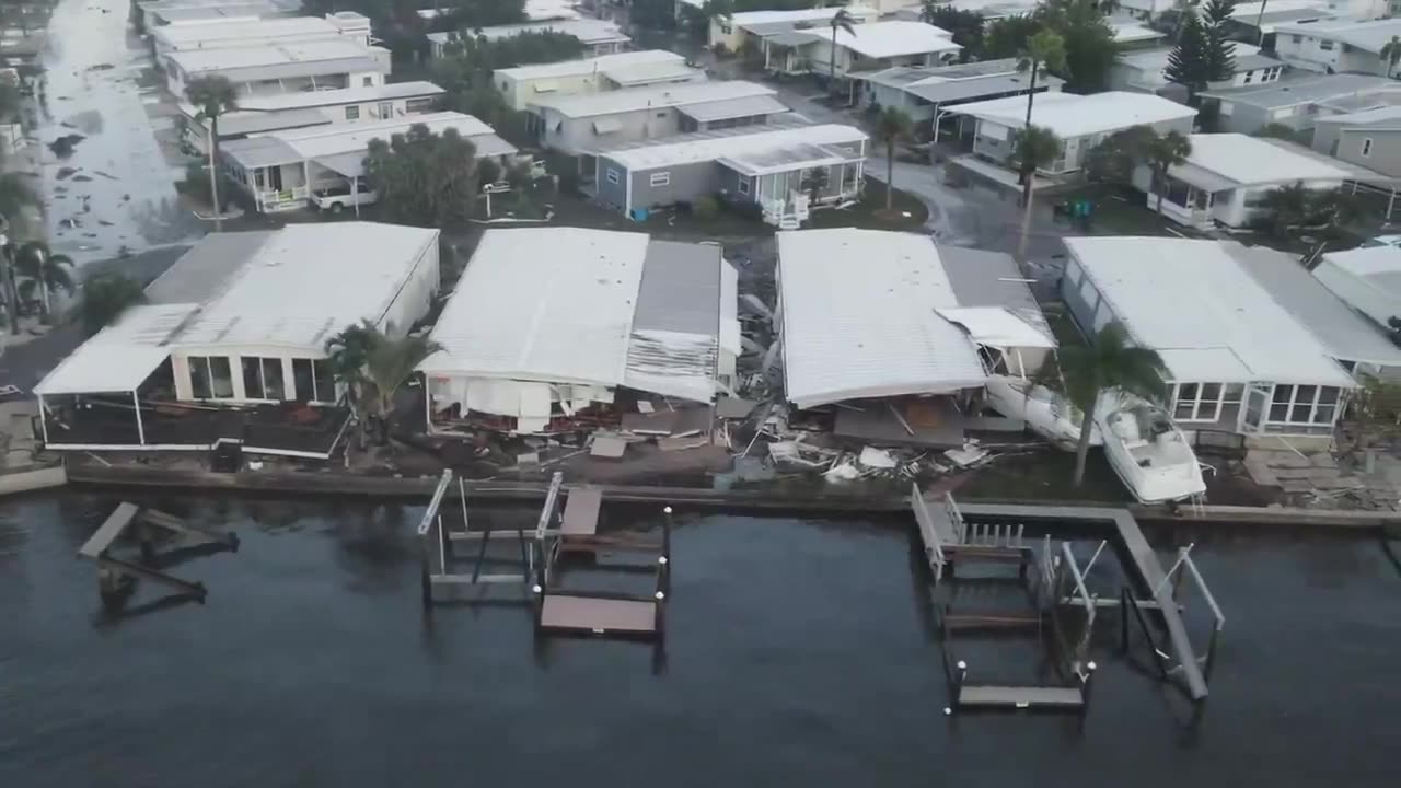 Damage from Hurricane Helene storm surge at Harbor Lights Club mobile home park in Pinellas County Florida