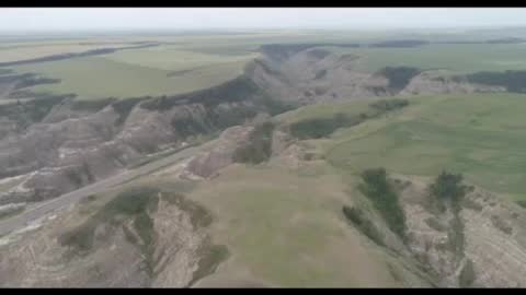 Drone footage over the valley in Alberta on Highway 27