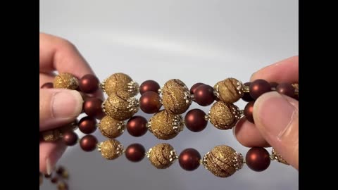 Vintage Brown Hues Plastic Bead Gold Accent 4 String Necklace and Clip On Earrings Set Japan