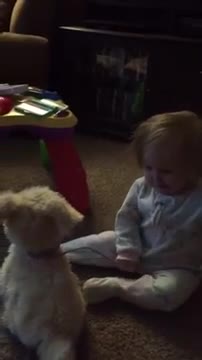 Cachorro de juguete mecánico hace reír como loca a una bebé