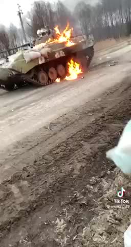 Burning Russian APC After it Hit a Mine