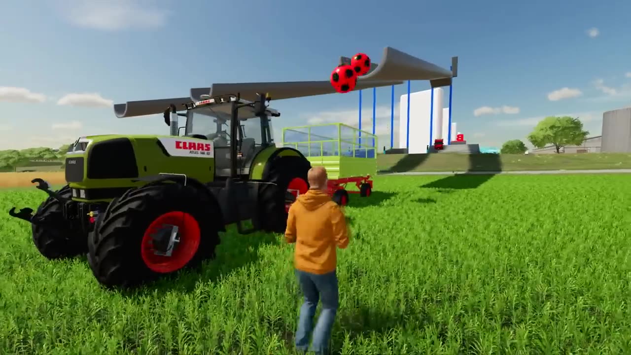 Turbo Tractors Transport Rubber Balls and Brick Walls VS Tractor - Test of New Objects on the farm